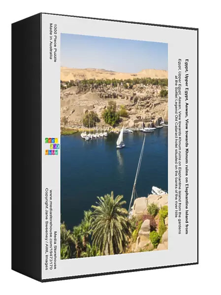 Egypt, Upper Egypt, Aswan, View towards Khnum ruins on Elephantine Island from the