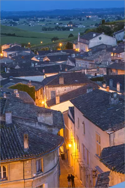 View over St. Emilion at dusk, Gironde, Aquitaine, France