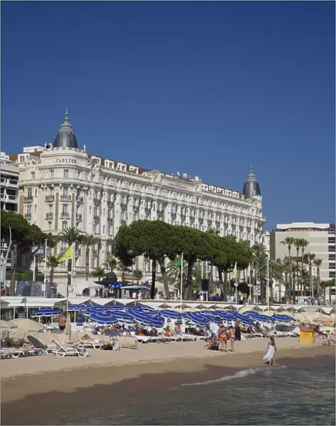 Beach and Boulevard de la Croisette with Carlton Hotel, Cannes, Cote D Azur, France