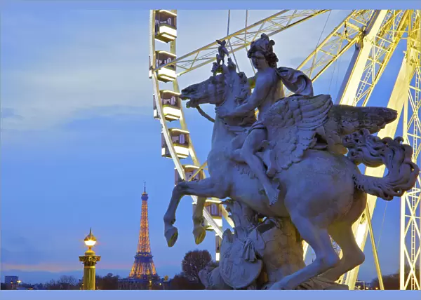 Eiffel Tower From Place De La Concorde With Big Wheel And Statue In Foreground, Paris