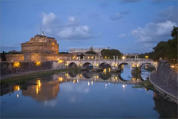 Castel Sant Angelo & San t Angelo Bridge at Dusk, Rome, Italy