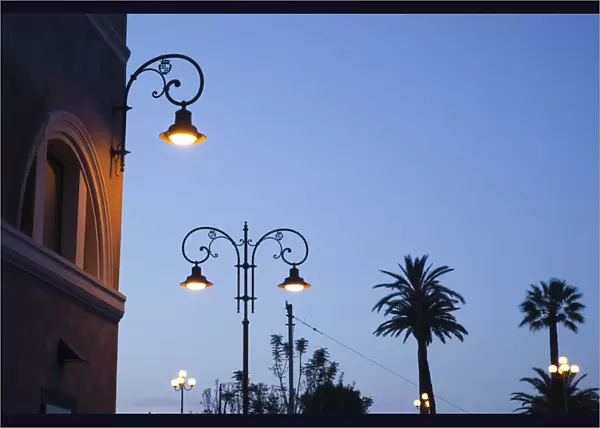 Italy, Sardinia, Cagliari, Il Castello Old Town, streetlights at Bastione San Remy, dawn