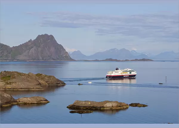 The MS Trollfjord leaves the port of Svolvaer, Austvagsoya, Lofoten, Nordland, Norway