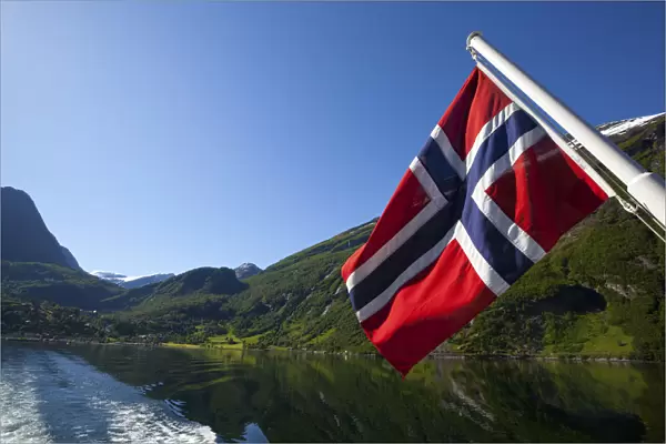 Norwegian National Flag on ferry stern, Geiranger Fjord, More og Romsdal, Norway
