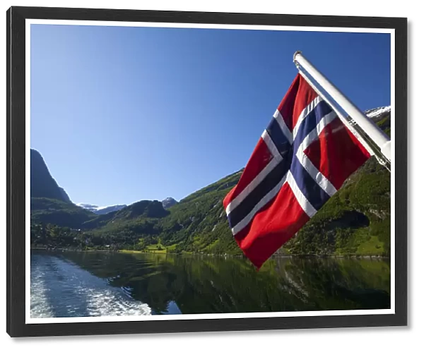 Norwegian National Flag on ferry stern, Geiranger Fjord, More og Romsdal, Norway