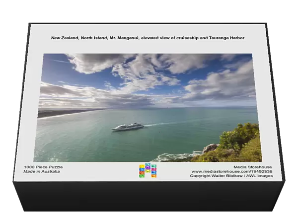 New Zealand, North Island, Mt. Manganui, elevated view of cruiseship and Tauranga Harbor