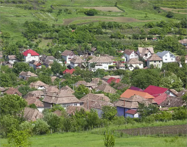 Romania, Transylvania, Iernut, elevated village view