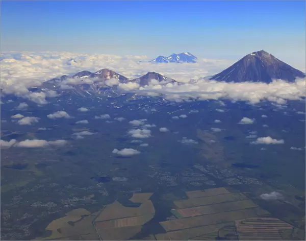 Aerial view of volcanos, Petropavlovsk-Kamchatsky, Sea of Okhotsk, Kamchatka Peninsula