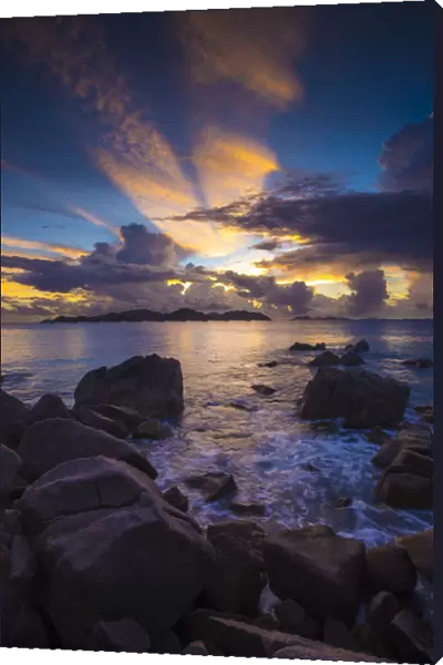 Beach at sunset, La Digue, Seychelles