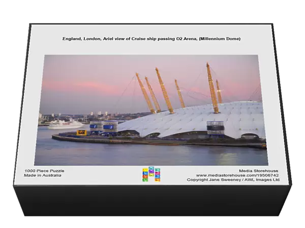 England, London, Ariel view of Cruise ship passing O2 Arena, (Millennium Dome)