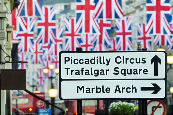 UK, England, London, Regent Street, Union Jack Flags