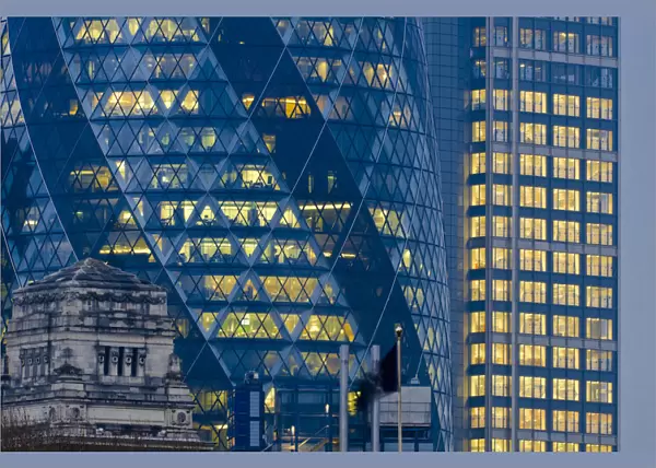 UK, England, London, Swiss Re Building (The Gherkin) and Heron Tower