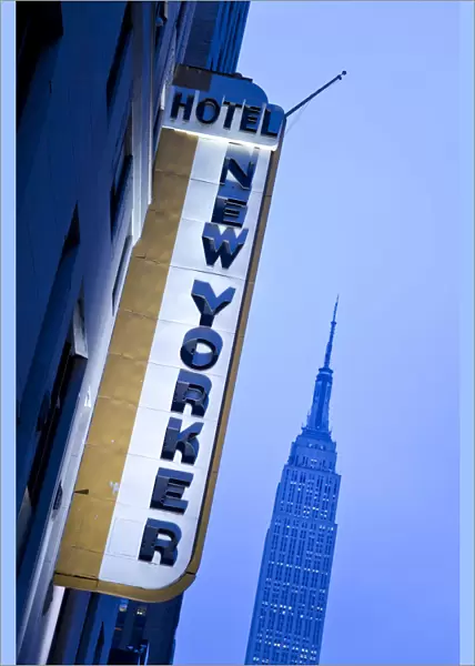 USA, New York City, Manhattan, New Yorker Hotel and Empire State Building