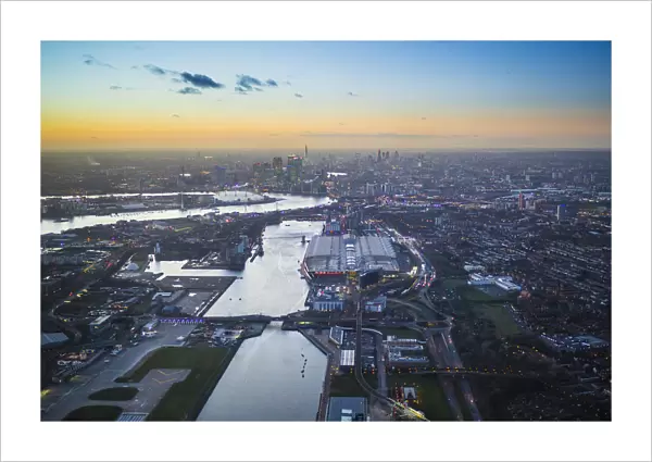 Aerial view over London Excel and Royal Victoria Dock, London, England