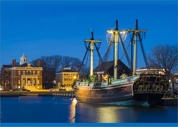 USA, Massachusetts, Salem, Friendship tall ship, Derby Wharf, dusk
