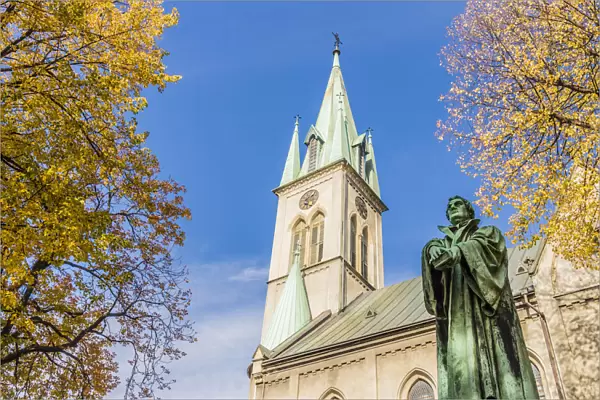 The baroque Lutheran Church and statue of Martin Luther in Bielsko Biala