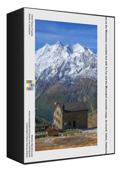 View on the Weissmies mountain hut with Ss-Fee and the Mischabel mountain range, Ss-Grund, Valais, Switzerland