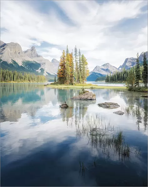 Spirit Island trees and reflection, Maligne Lake, Jasper, Canadian Rockies, Canada