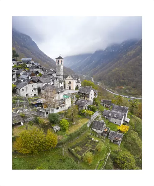 Autumnal view of the town of Corippo, the town with less inhabitants of all Switzerland