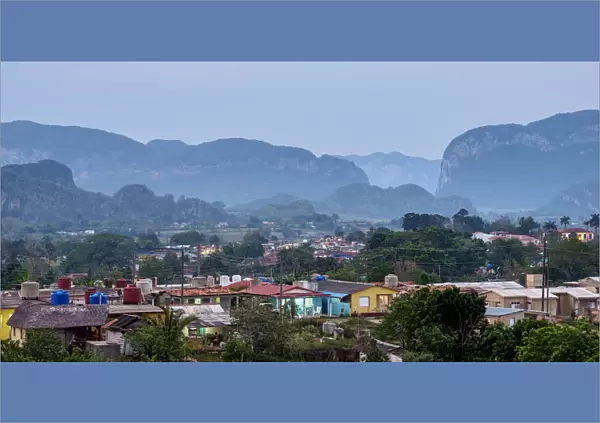 Vinales Town and Valley at dusk, elevated view, UNESCO World Heritage Site