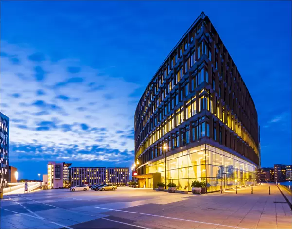 Aller Media building in Copenhagen by night, Denmark