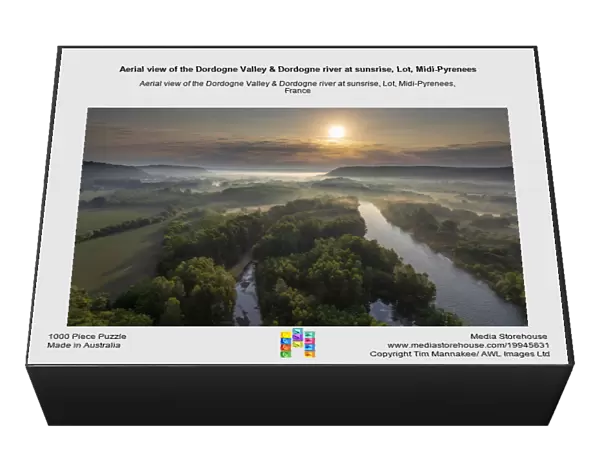 Aerial view of the Dordogne Valley & Dordogne river at sunsrise, Lot, Midi-Pyrenees