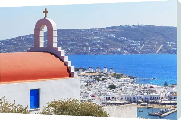 Greek orthodox chapel overlooking Mykonos Town, Mykonos, Cyclades Islands, Greece