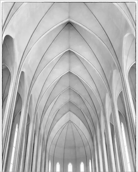 The interior arches of Hallgrimskirkja church, Reykjavik, Iceland