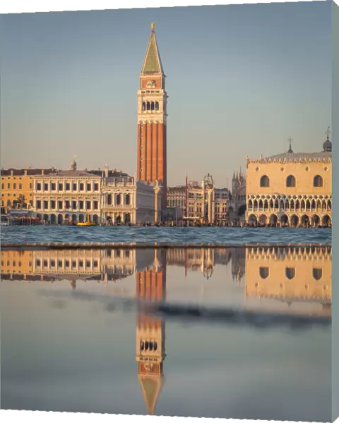 San Marco and its bell tower reflected in a puddle, Venice, Veneto, Italy