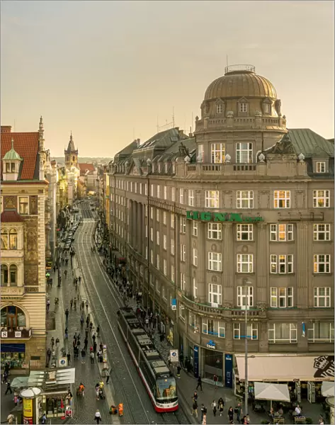 Elevated view of Vodickova street with trams by Wenceslas Square, Prague, Bohemia