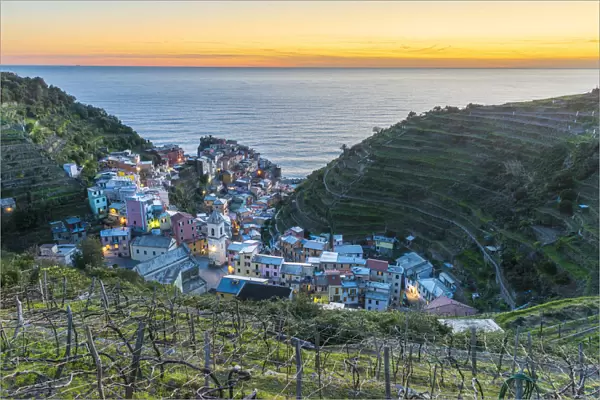 Europe, Italy, Liguria. View over the Cinque Terre village Manarola at sunset