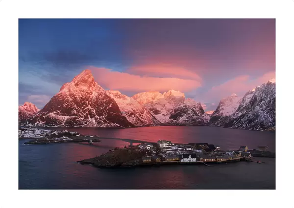 Elevated view of Sakrisoy along the coast at sunrise in the Lofoten islands, Norway