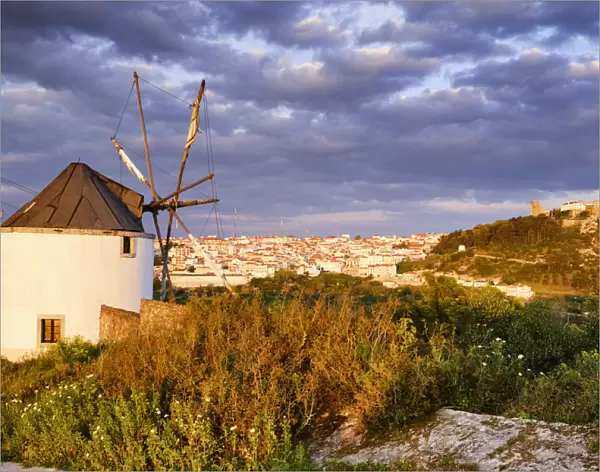 Windmill at the Serra do Louro and the castle of Palmela. Arrabida Nature Park, Palmela