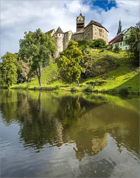 Loket Castle reflecting in Ohre river, Loket, Sokolov District, Karlovy Vary Region
