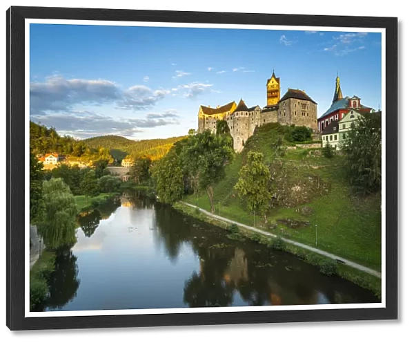 Scenic view of Loket Castle rising above Ohre river at sunset, Loket, Sokolov District
