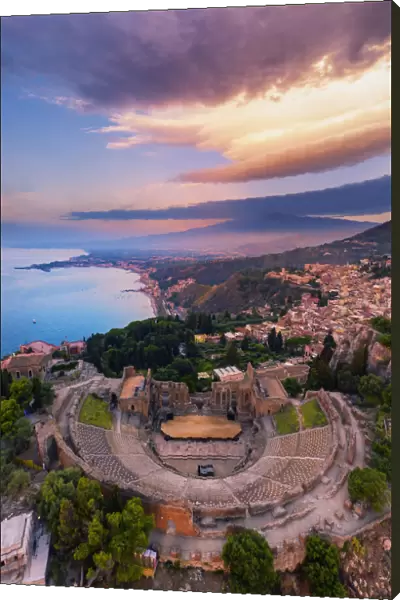 Taormina, Sicily. Aerial view of the Greek theater with the Etna Volcano in the