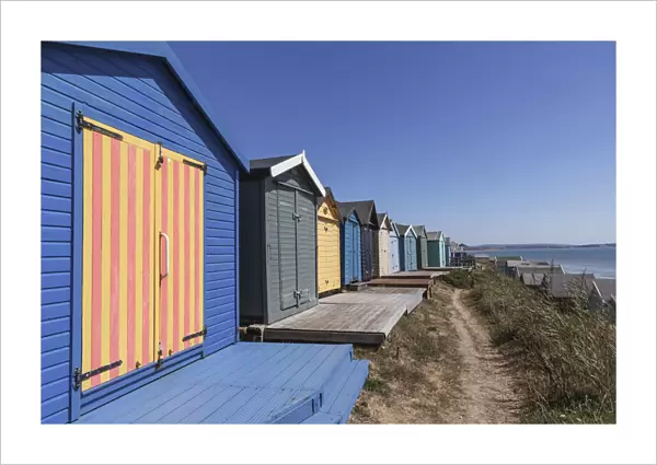 England, Hampshire, New Forest, Milton on Sea, Colourful Beach Huts