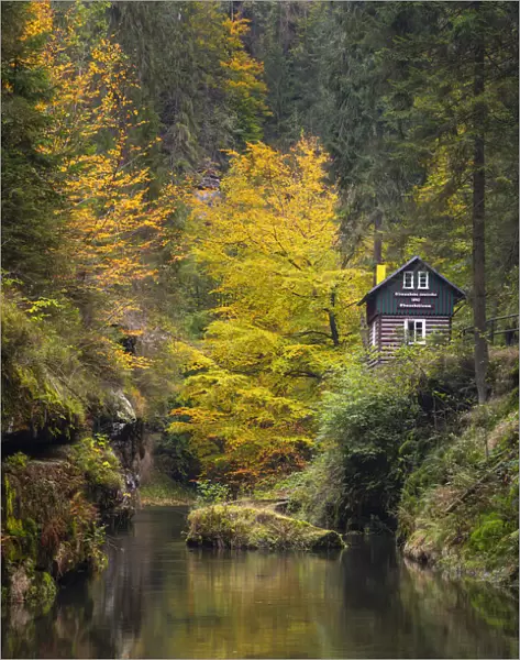 Wooden cabin inside Edmund Gorge by Kamenice river, Bohemian Switzerland National Park, Hrensko, Decin District, Usti nad Labem Region, Czech Republic