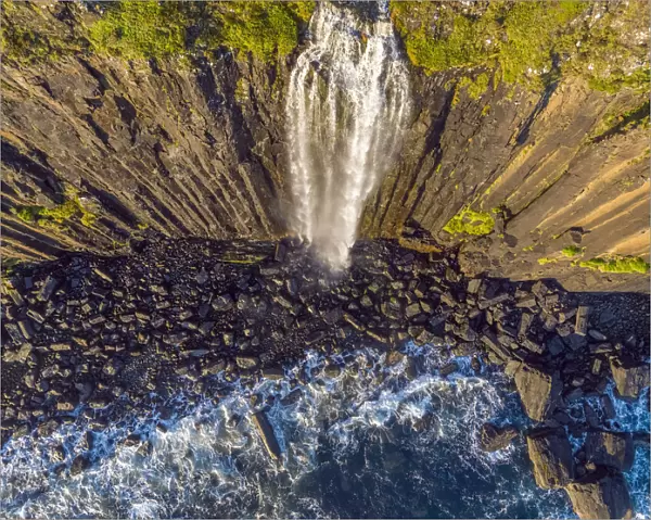 UK, Scotland, Highland, Isle of Skye, Trotternish Peninsula, Kilt Rock Falls (Drone View)