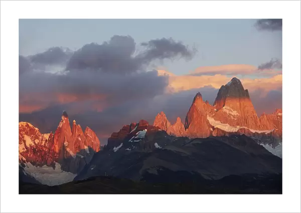 Sunrise over the Fitz Roy and Torre mountains, Los Glaciares National Park, El Chalten