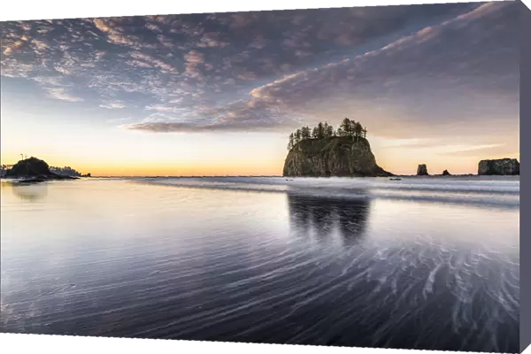 Sea stacks and reflection on low tide at dawn. Second Beach, La Push, Clallam county