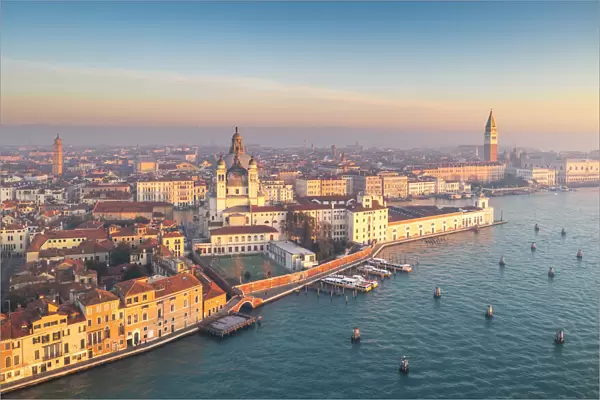 Aerial view of Punta della Dogana and Salute Church. Venice, Veneto, Italy