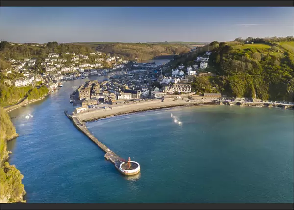 Aerial view of the beautiful Cornish fishing town of Looe on a sunny spring morning, Looe