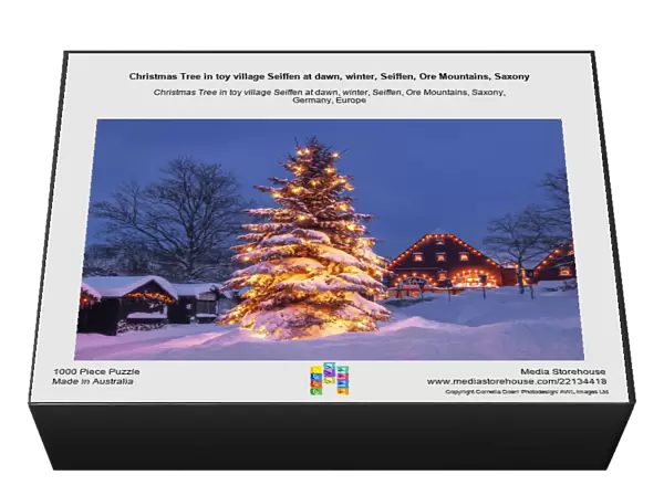 Christmas Tree in toy village Seiffen at dawn, winter, Seiffen, Ore Mountains, Saxony