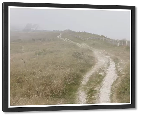 Path in the fog at the village of Kerfissien, Finistere, Brittany, France