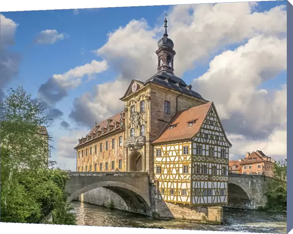 Old town hall on the Regnitz bridge, Bamberg, Upper Franconia, Bavaria, Germany