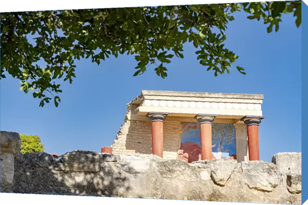 Colonnade in the north entrance of the Knossos Palace with bull fresco, Heraklion, Crete