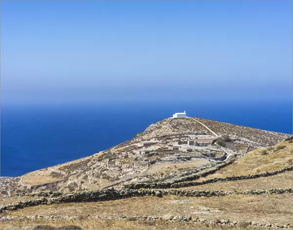Lonely tree on a hill against blue sea, Folegandros, Cyclades, Greece