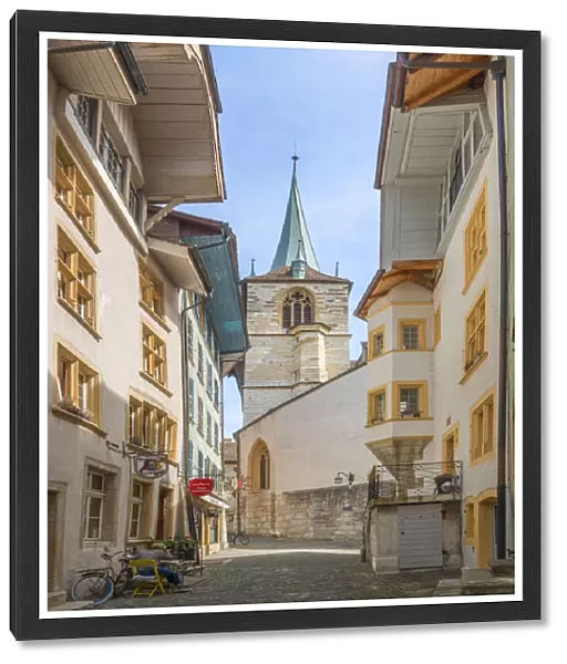 Alley with city church Biel, Canton Biel, Switzerland