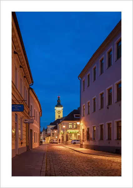 Empty street and Black Tower at twilight, Ceske Budejovice, South Bohemian Region, Czech Republic